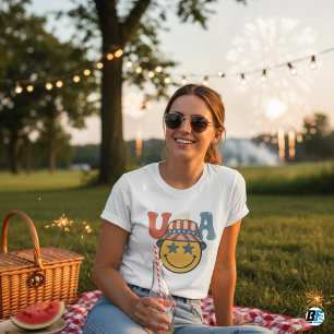 Camiseta Balde Retro EUA Cara Sorridente Patriótico 4 de Ju