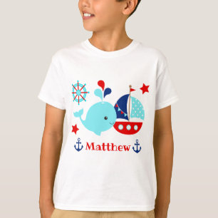 Camiseta Baleia Azul Náutica Fofa e Padrão de Âncoras