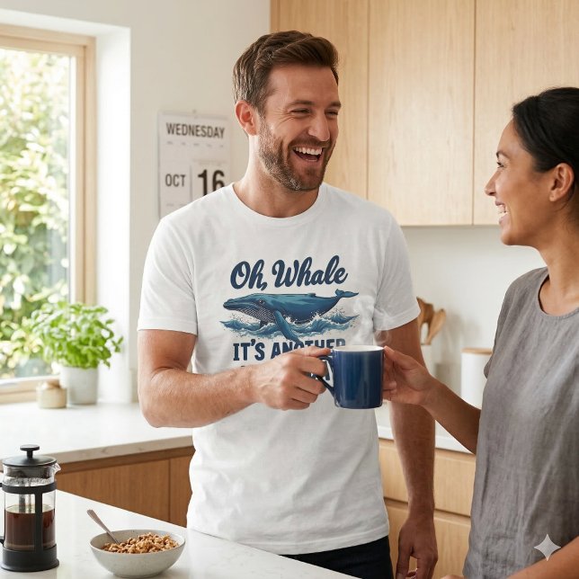 Camiseta Baleia Engraçada, "Oh Baleia", Design Hump Day (Funny Whale Pun Oh Whale Hump Day Design T-Shirt On Man)