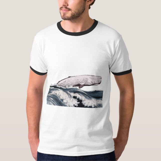 Camiseta Baleia esperma saltando das ondas do oceano (Frente)
