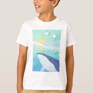 Camiseta Baleia, gaivotas e Ilustração do Oceano de Verão
