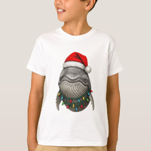 Camiseta Baleia Jubarte Usando Chapéu de Papai Noel com Nat