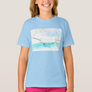 Camiseta Baleia-Narval Cute em Aquarela Estourando Bolhas