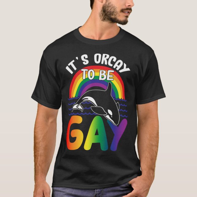 Camiseta Baleia Orca LGBT É Orcárie ser Gay Rainbow Gay P (Frente)