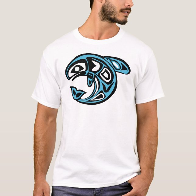 Camiseta Baleia Orca Nativa Americana, azul-céu (Frente)