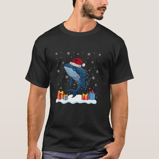 Camiseta Baleia Santa Hat Árvore de Natal Light Xmas Pajama (Frente)