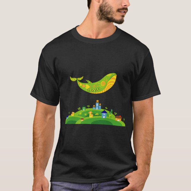 Camiseta Baleia sobre pequena cidade (Frente)