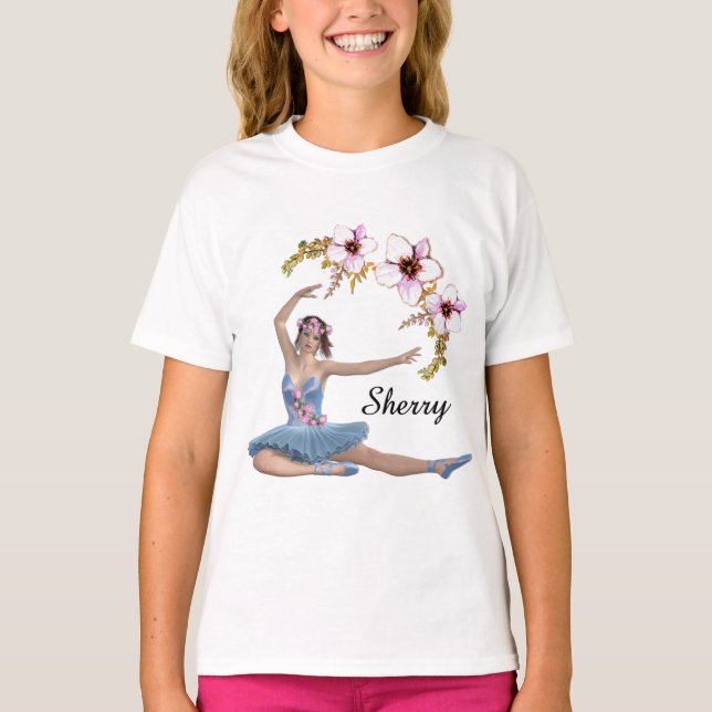 Camiseta Ballerina em Azul Nome Pessoal Flores Rosa (Frente)