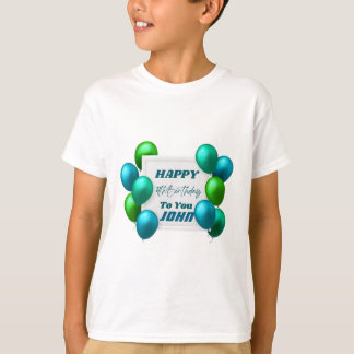 Camiseta Balões Azuis e Verdes Aniversário de 4 anos Nome P