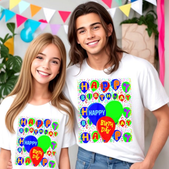 Camiseta Balões de aniversário felizes personalizados (Happy birthday t-shirt, multicolor balloons and happy birthday typography on festive background.)