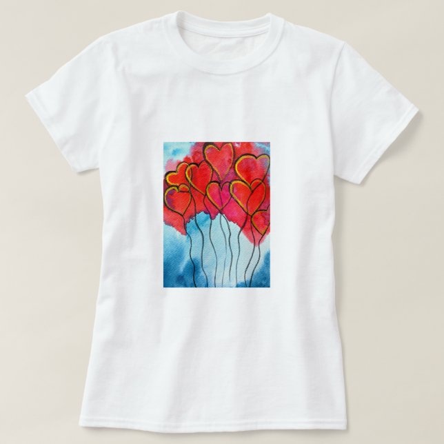 Camiseta Balões de coração vermelho Namorados aquarela (Frente do Design)