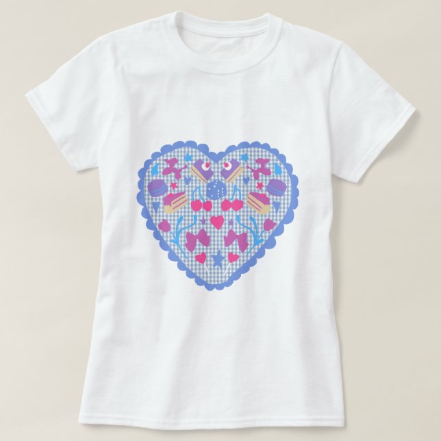 Camiseta Balões & Doces Guloseimas Gingham Coração (Frente do Design)