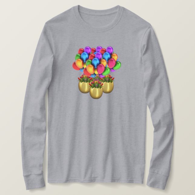 Camiseta Balões e Flores, Senhoras, Camiseiros de Longa Fol (Frente do Design)
