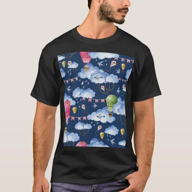 Camiseta Balões Whimsical: Padrão de Nuvem de Aquarela (Frente)
