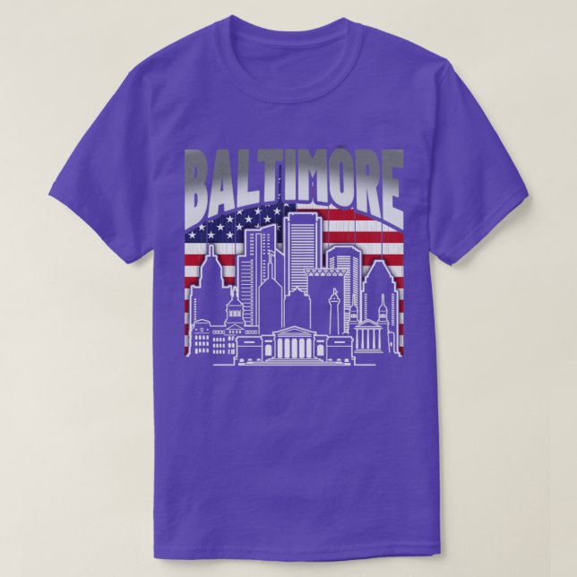 Camiseta Baltimore Maryland Skyline American Flag (Frente do Design)