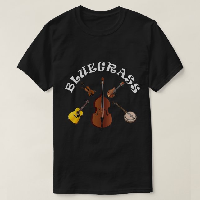 Camiseta Banda Bluegrass Bass Fiddle Guitar Mando Banjo Mus (Frente do Design)