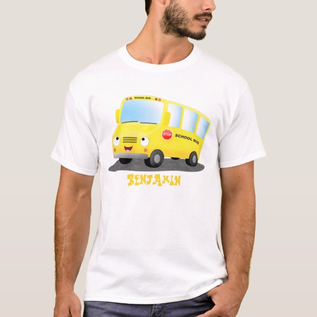 Camiseta Banda branca e feliz de ônibus escolar amarelo (Frente)