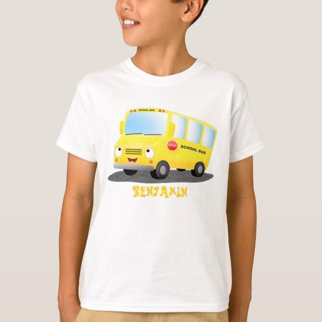 Camiseta Banda branca e feliz de ônibus escolar amarelo (Frente)