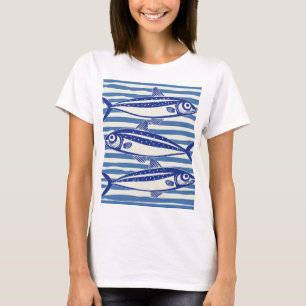 Camiseta Bandas de Sardinha Azul e Branca