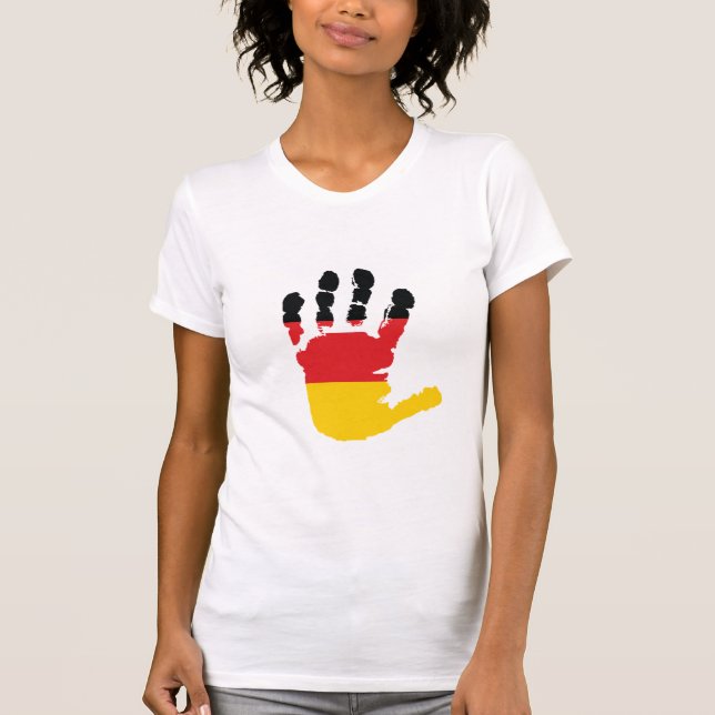 Camiseta Bandeira alemão em um t-shirt das mulheres da mão (Frente)