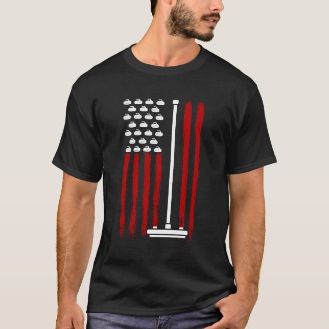 Camiseta Bandeira Americana 4 De Julho Jogador De Curling E (Frente)