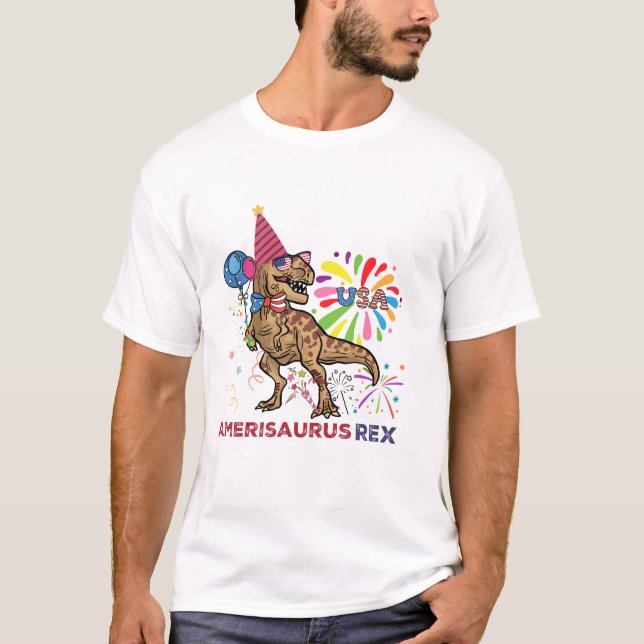 Camiseta Bandeira Americana 4 de julho T Rex Dinossaur Amer (Frente)