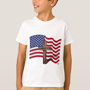 Camiseta Bandeira Americana Acenando e Cruz Rústica