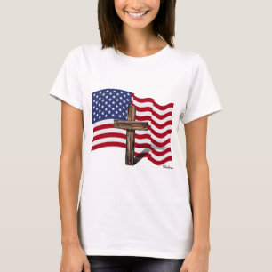 Camiseta Bandeira Americana Acenando e Cruz Rústica