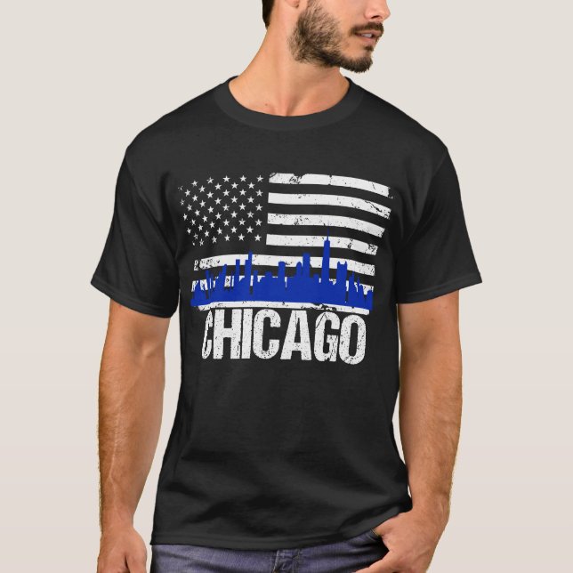 Camiseta Bandeira americana afligida skyline de Chicago (Frente)
