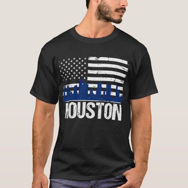 Camiseta Bandeira americana afligida skyline de Houston (Frente)