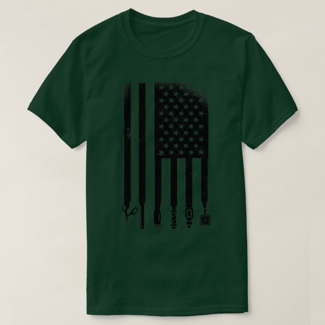 Camiseta Bandeira Americana Barber Tesoura Comb Trimmer Org (Frente do Design)