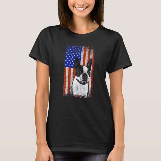 Camiseta Bandeira Americana Boston Terrier Dog Pai Mãe Pupp (Frente)