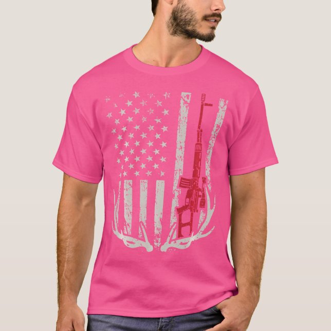 Camiseta Bandeira Americana Caçadora Patriótica Rifle (Frente)