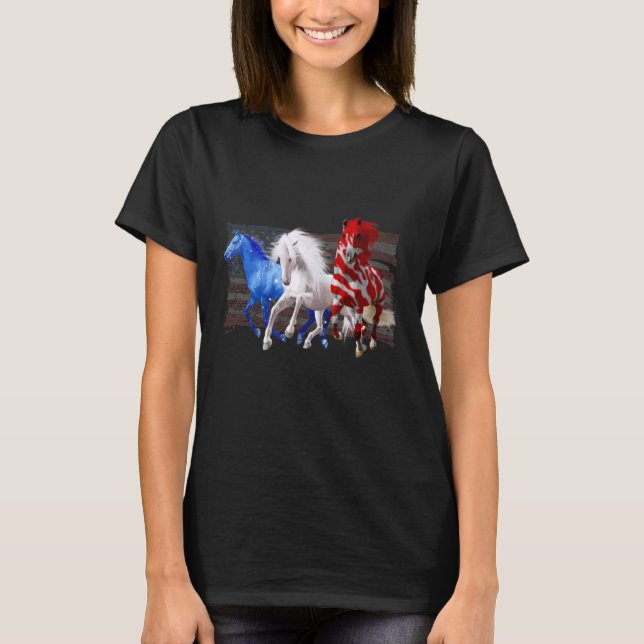 Camiseta Bandeira Americana Cavalos Vermelho Patriótico Azu (Frente)