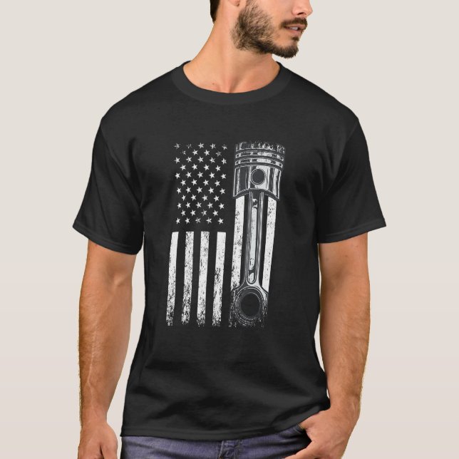Camiseta Bandeira Americana Com Motor De Carro Desi Gráfico (Frente)