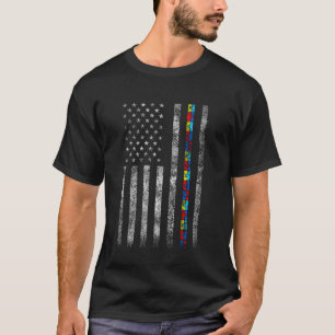 Camiseta Bandeira Americana Com Padrão de Puzzle de Autismo