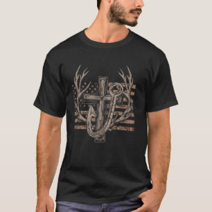 Camiseta Bandeira Americana & Cruz Caçador & Pescador Pai A