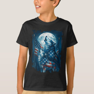Camiseta Bandeira Americana de 4 de Julho Lobo Uivando Lua