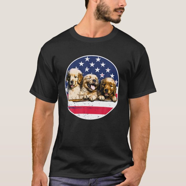 Camiseta Bandeira Americana De Retriever De ouro 4 De Julho (Frente)