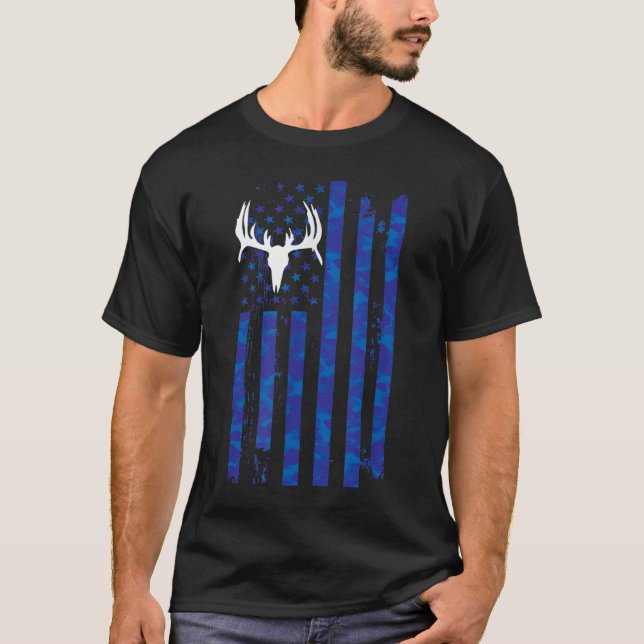 Camiseta Bandeira Americana Deer Buck Camouflage caçando ca (Frente)
