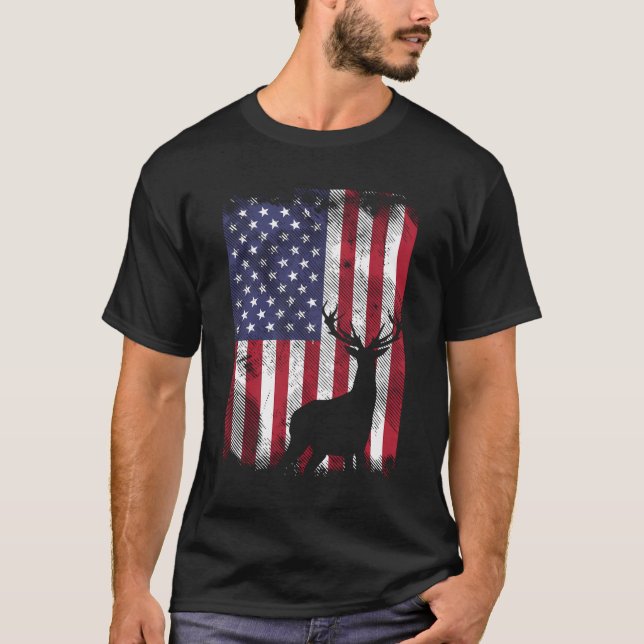 Camiseta Bandeira Americana Deer Elk Caçando Fome Patriótic (Frente)