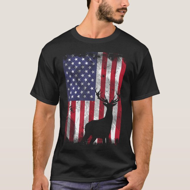 Camiseta Bandeira Americana Deer Elk Caçando Fome Patriótic (Frente)