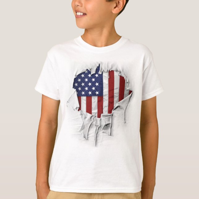 Camiseta Bandeira Americana Destruída, Rasgada e Rasgada (Frente)