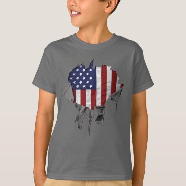 Camiseta Bandeira Americana Destruída, Rasgada e Rasgada (Frente)