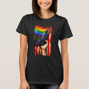 Camiseta Bandeira Americana do Arco-Íris de Mão Lgbt Gay L