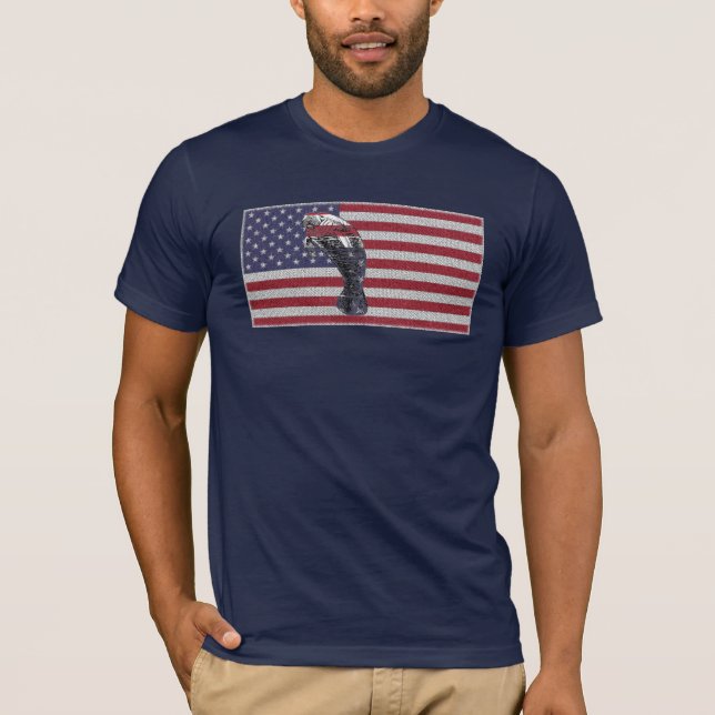 Camiseta Bandeira americana do peixe-boi em azuis marinhos (Frente)