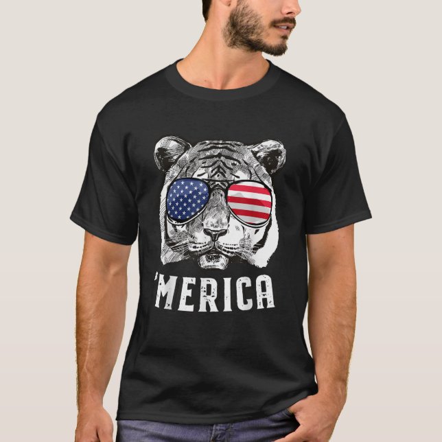 Camiseta Bandeira Americana do Tigre 4 de julho Mérica Ócul (Frente)