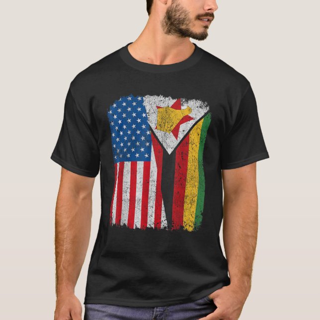 Camiseta Bandeira Americana do Zimbábue Half EUA Root Pr (Frente)