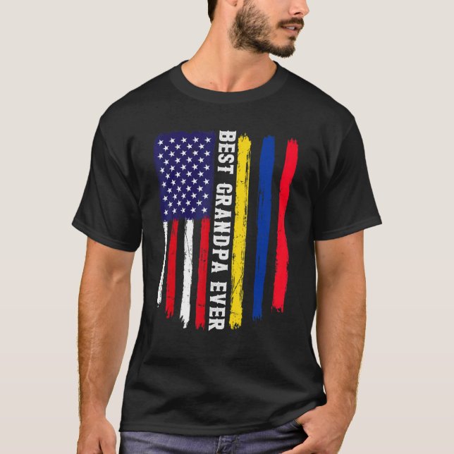 Camiseta Bandeira Americana e Colômbia Melhor Avô De Fa (Frente)