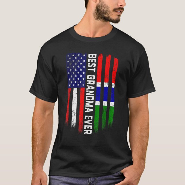 Camiseta Bandeira Americana e Gâmbia Melhor Vovó Nunca Fami (Frente)